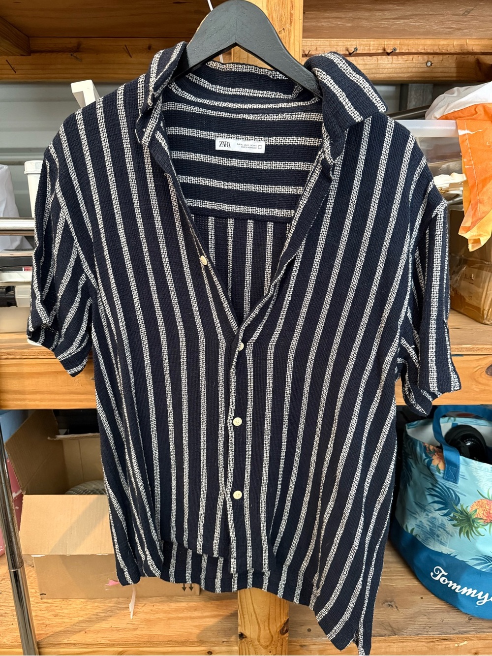 Zara Navy and White Vertical Stripe Short-Sleeve Button Shirt